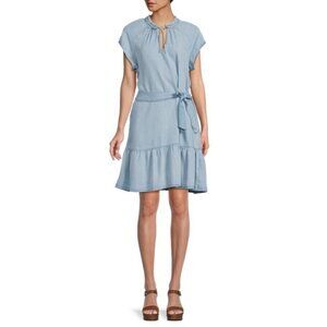 Cloth & Stone Chambray Blue Ruffle Neck Tiered Mini Dress Womens Size S